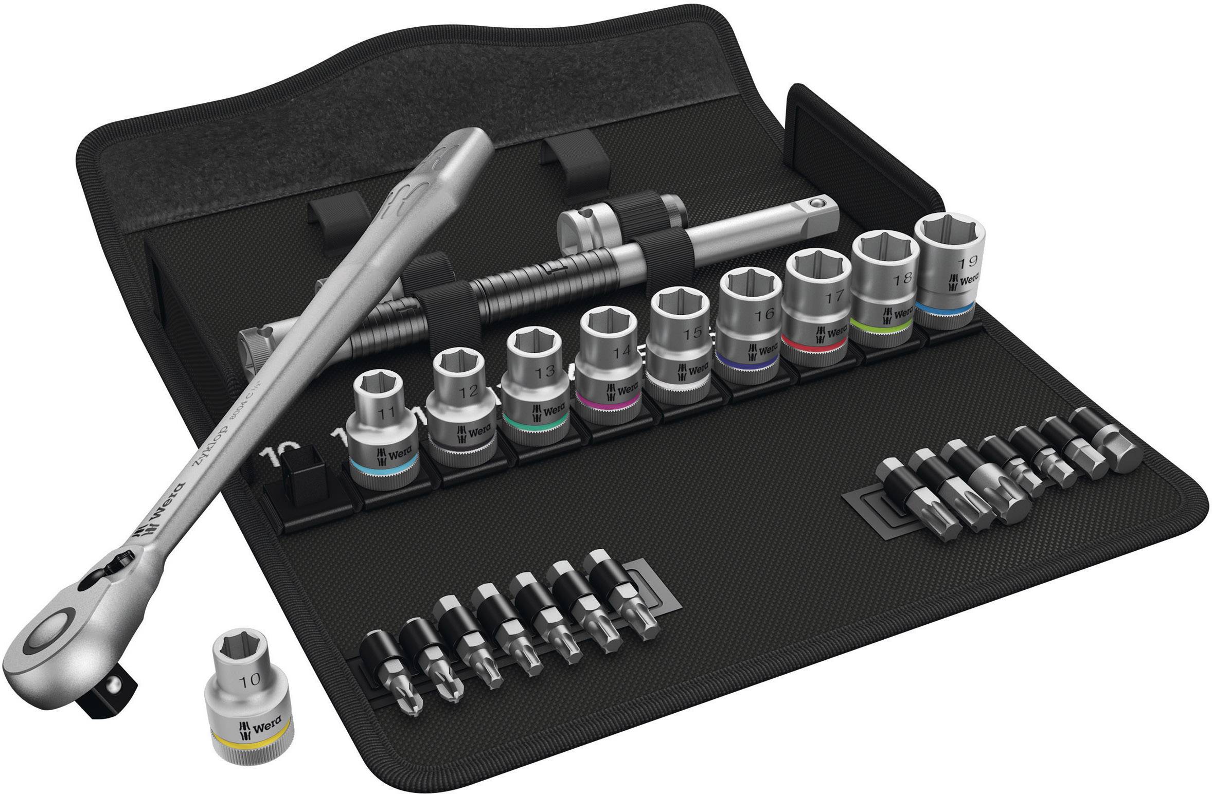 A tool case containing a silver torque wrench and several socket attachments, colour-coded and organised in a case.