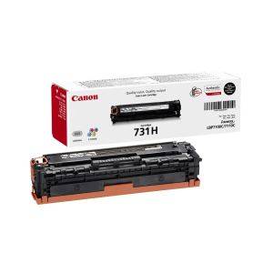 Canon 731H toner cartridge in black, showing the cartridge and its packaging. Packaging is predominantly white with a red area.
