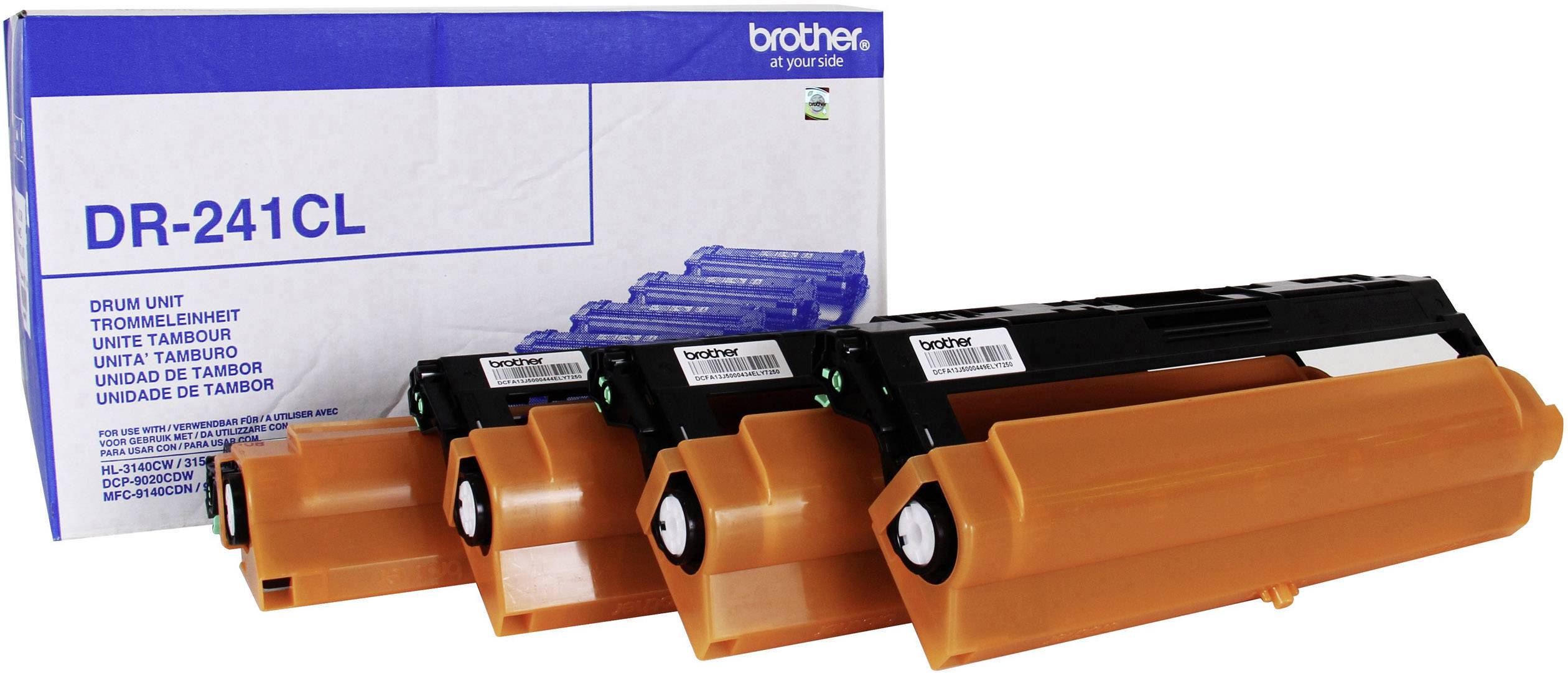Three orange-coloured toner cartridges from the Brother brand are positioned in front of a blue packaging with the label 'DR-241CL'.