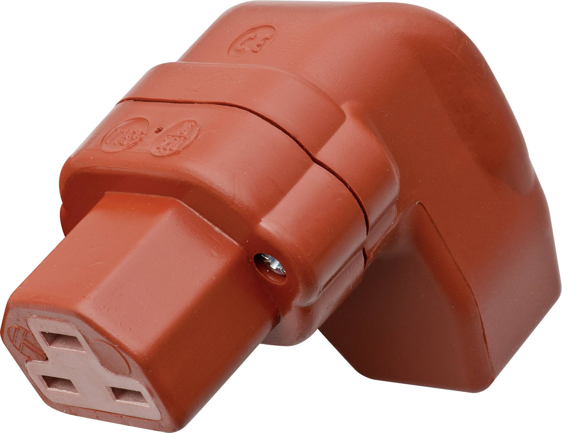 A red Schuko angled plug adapter, used for connecting devices to a power socket. Suitable for confined spaces.