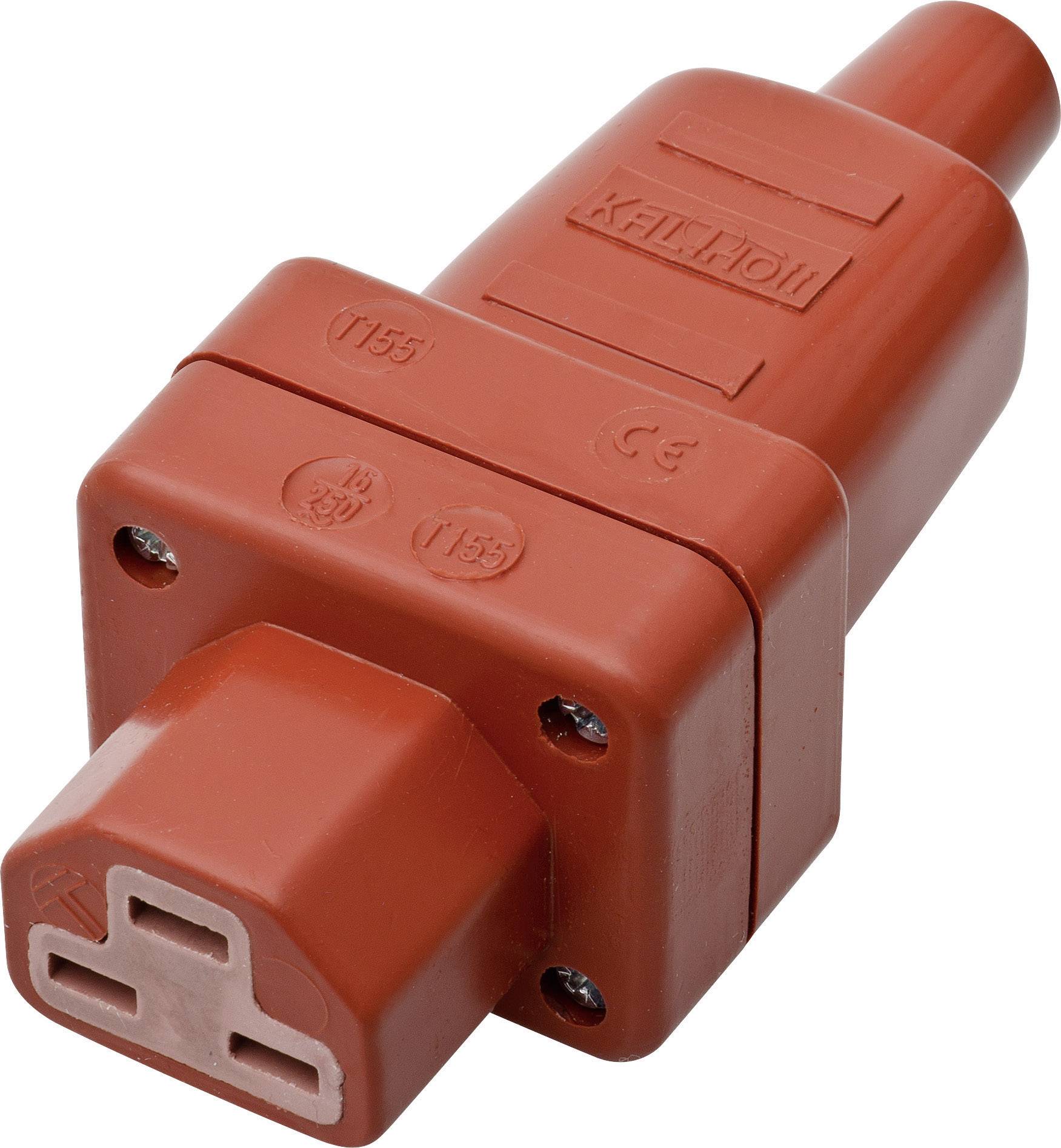 Red electrical plug, rectangular shape, with brand name on the top surface.