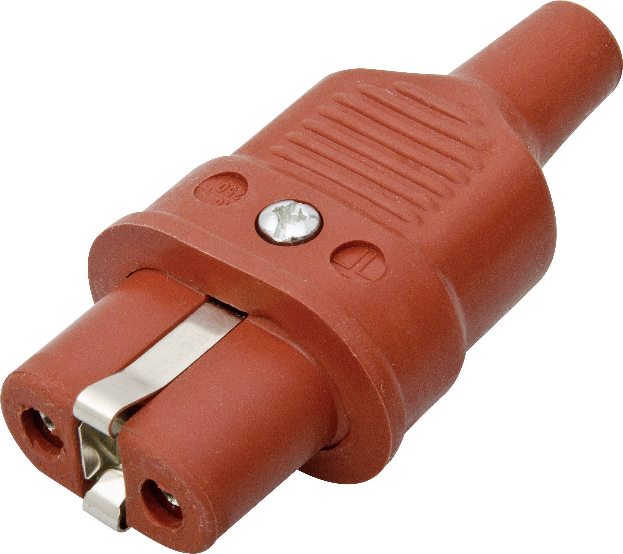 Red electrical plug with metal pins and ribbed grip, suitable for electrical installations and device connections.