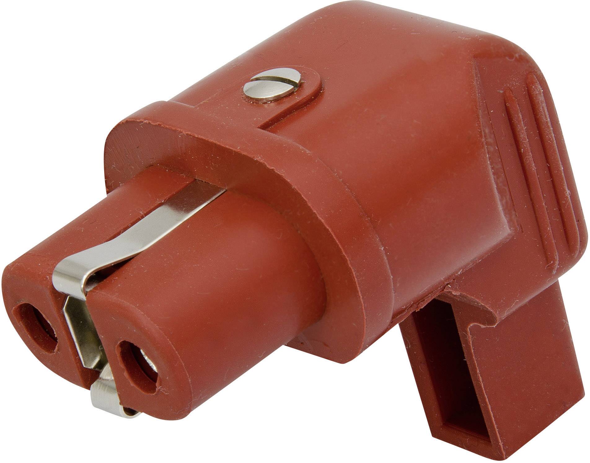 Red adapter with two slots and a metal clip, used for securely connecting cables.
