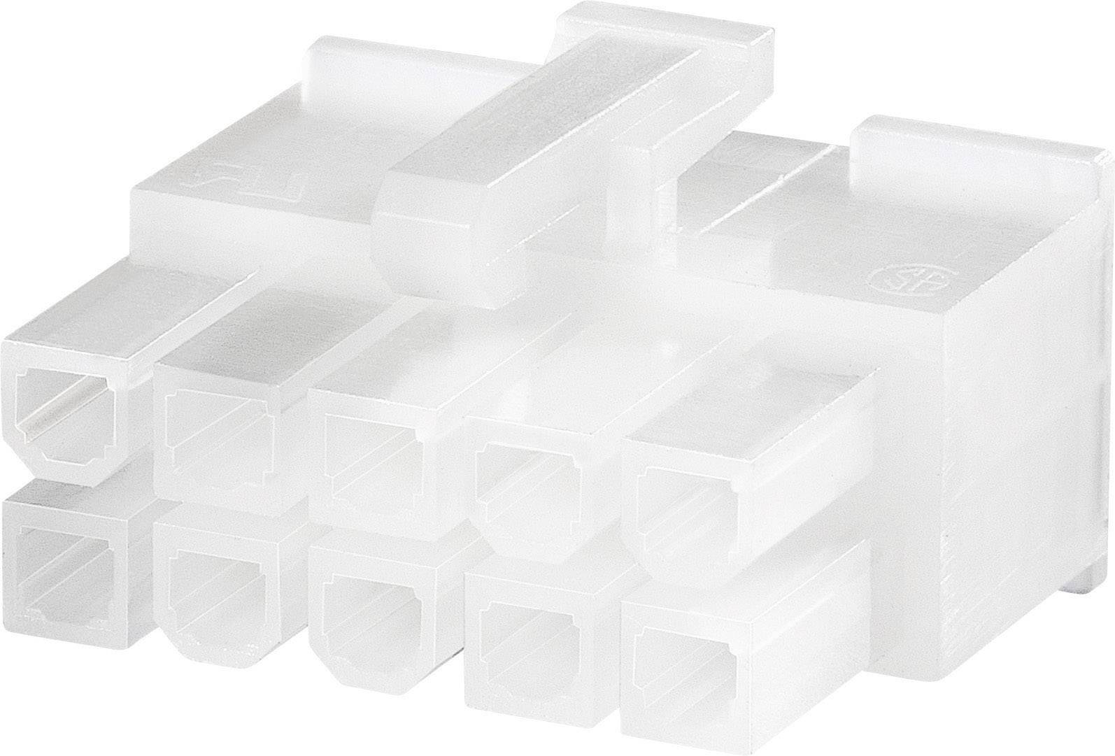 A white, ten-pin electrical connector made of plastic with rectangular terminals.