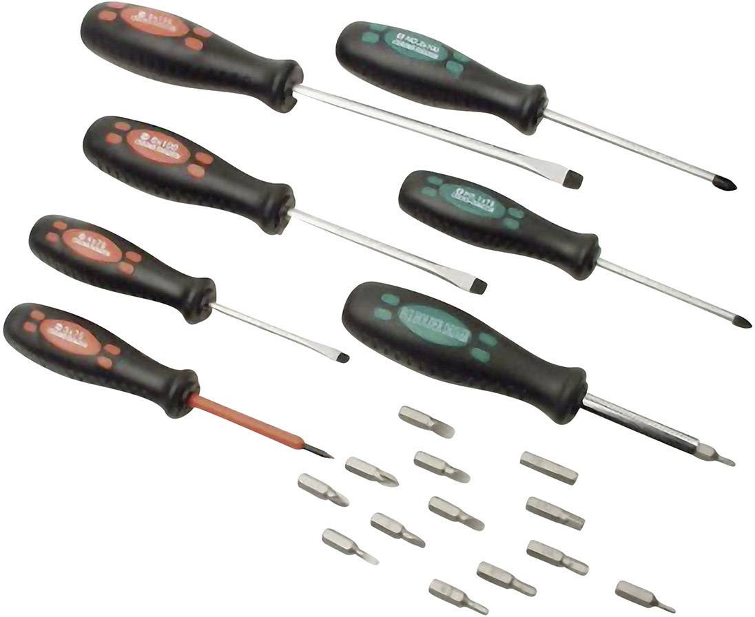 A set of six screwdrivers with different heads and handles, along with twelve interchangeable bits, on a white background.