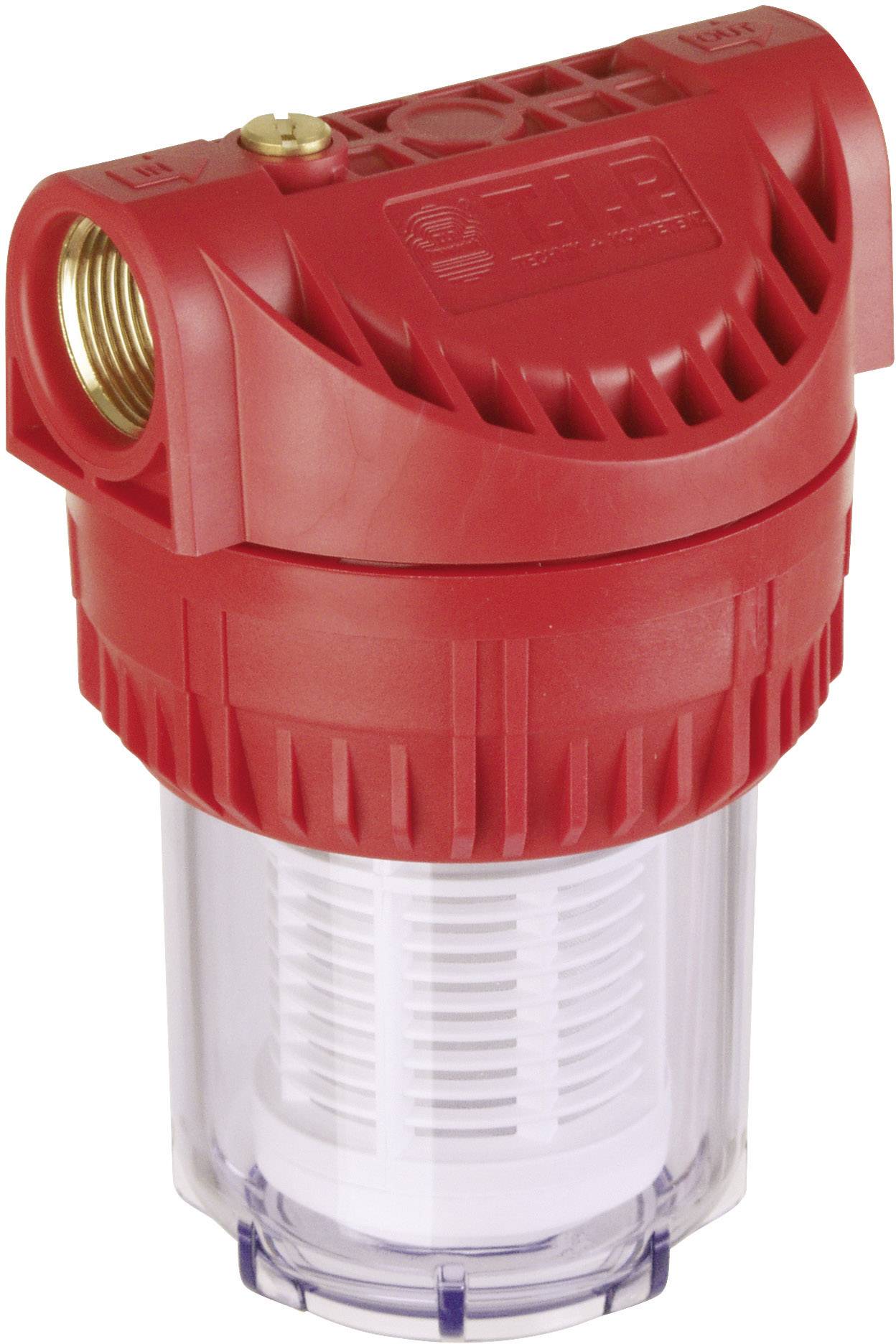 A red and translucent water filter with a brass insert at the top. The filter has a cylindrical design and is suitable for pipes.