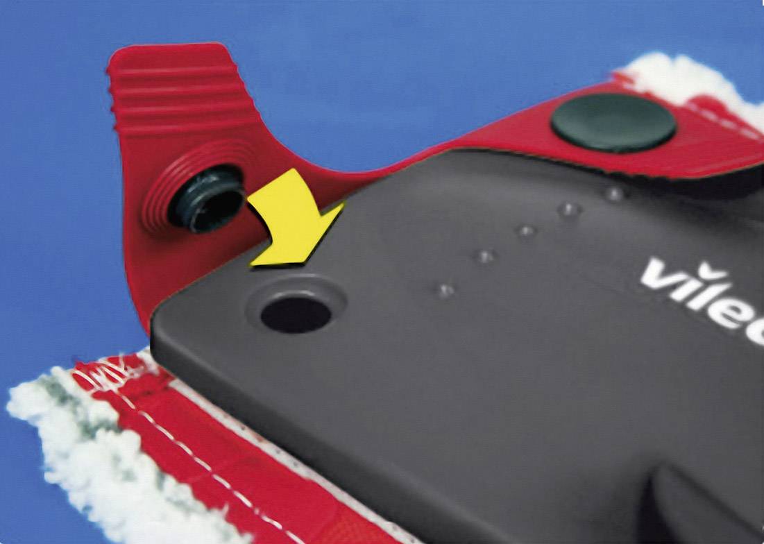 'Vileda' cleaning device with a red and black mechanism displaying a yellow arrow and black buttons. Positioned on a blue background.