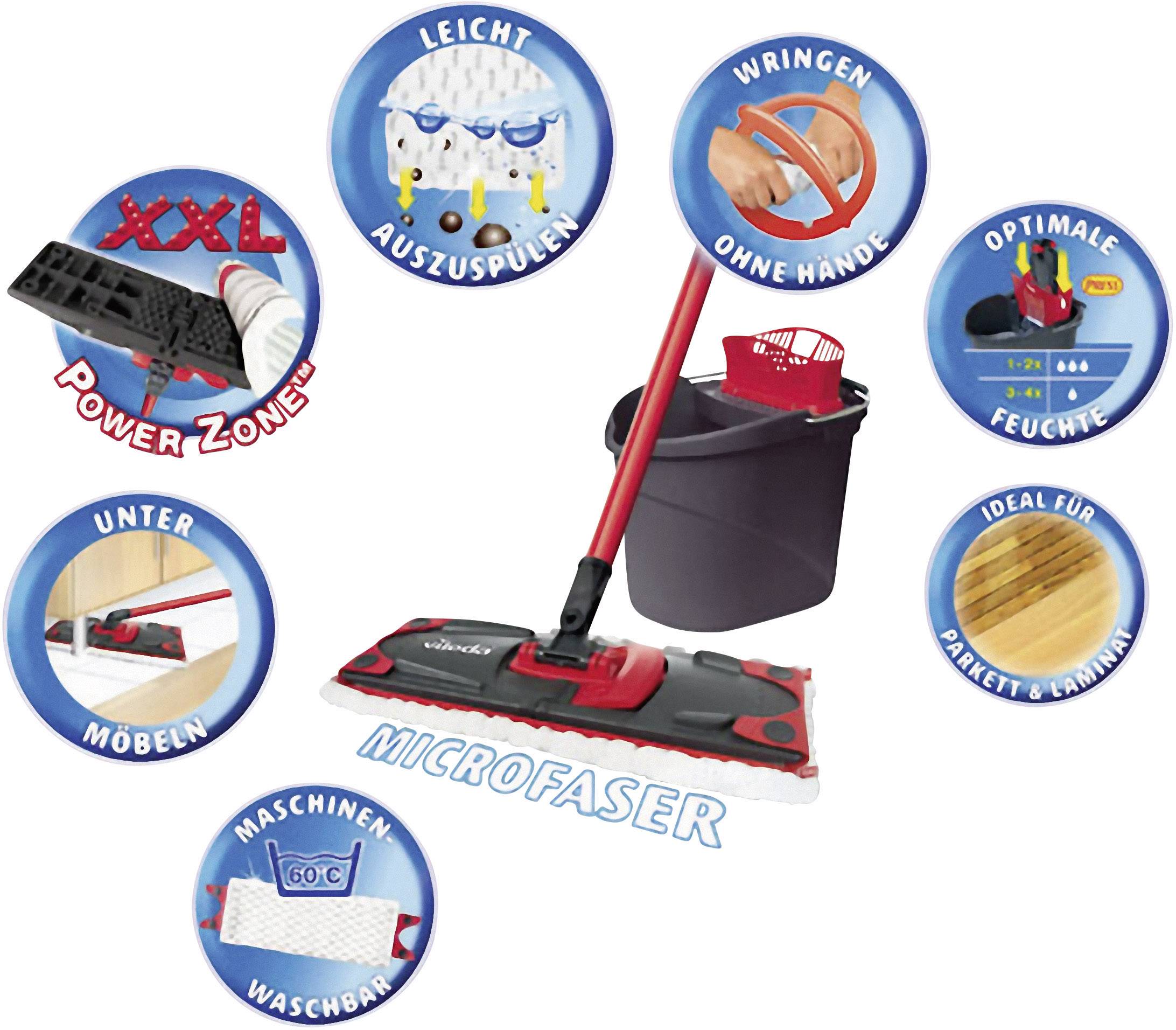 Floor mop with bucket set. Includes hands-free mopping system, suitable for wooden/laminate floors, washable, microfibre cloth.
