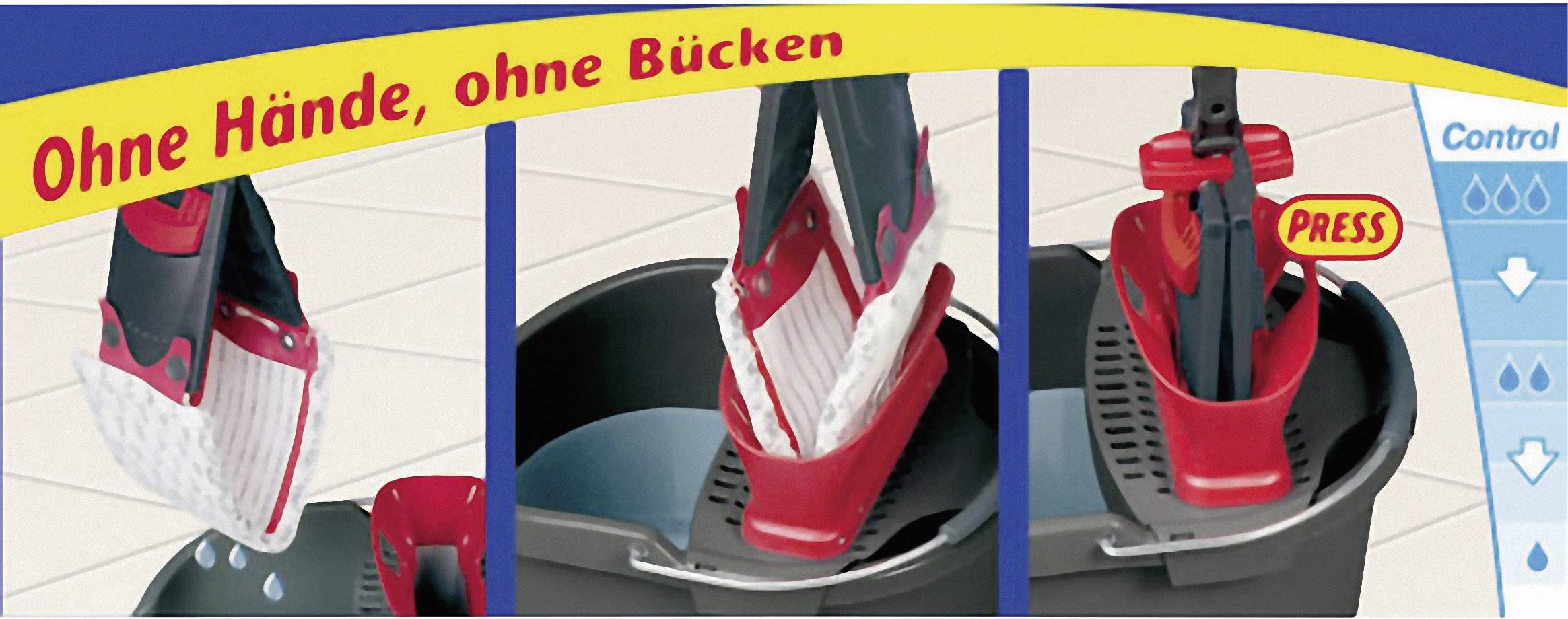'Three images show a mop with a wringer system. Text: 