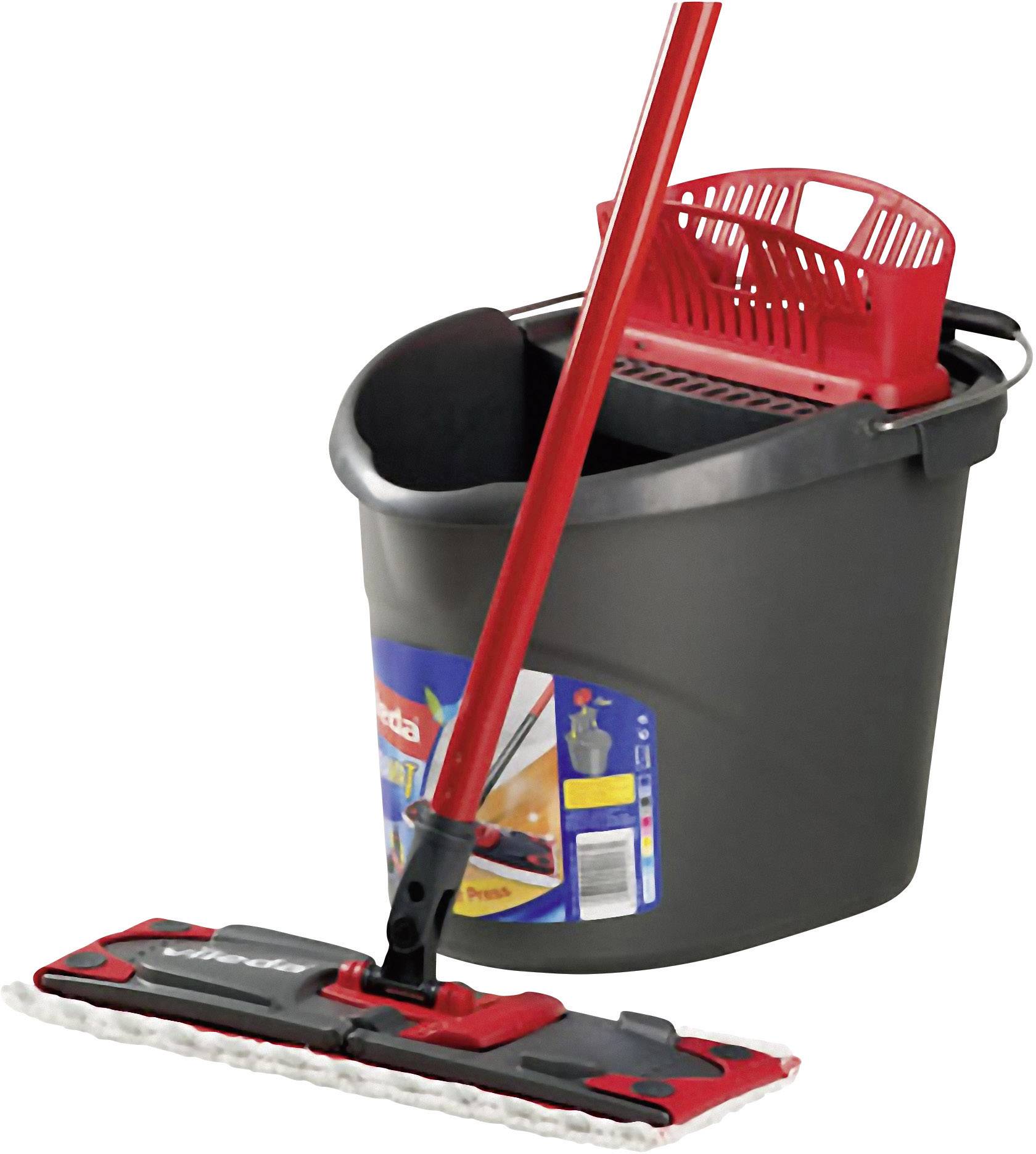A black bucket with a red handle and mop attachment. Beside it a red flat mop. Suitable for floor cleaning.
