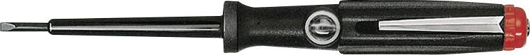 Black screwdriver with red handle end, lying down, tip pointing to the left.