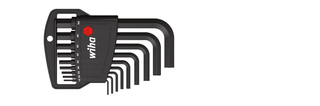 A set of black Allen keys in different sizes, held in a holder.