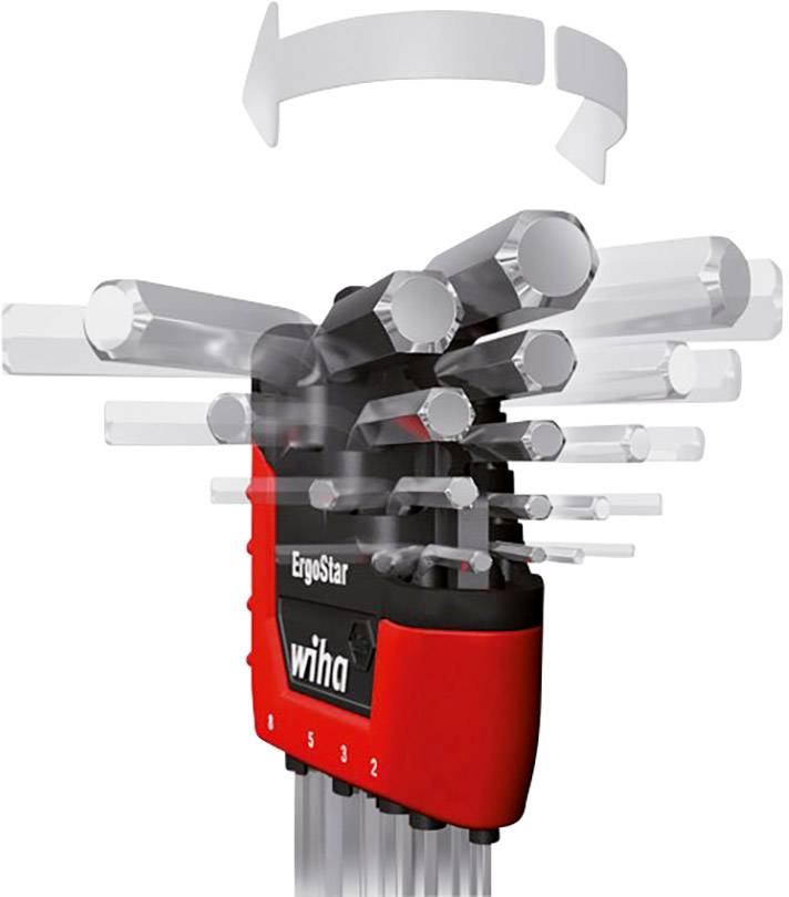 A set of high-quality, L-shaped hexagonal Allen keys in an ergonomic holder that opens through rotational movements.