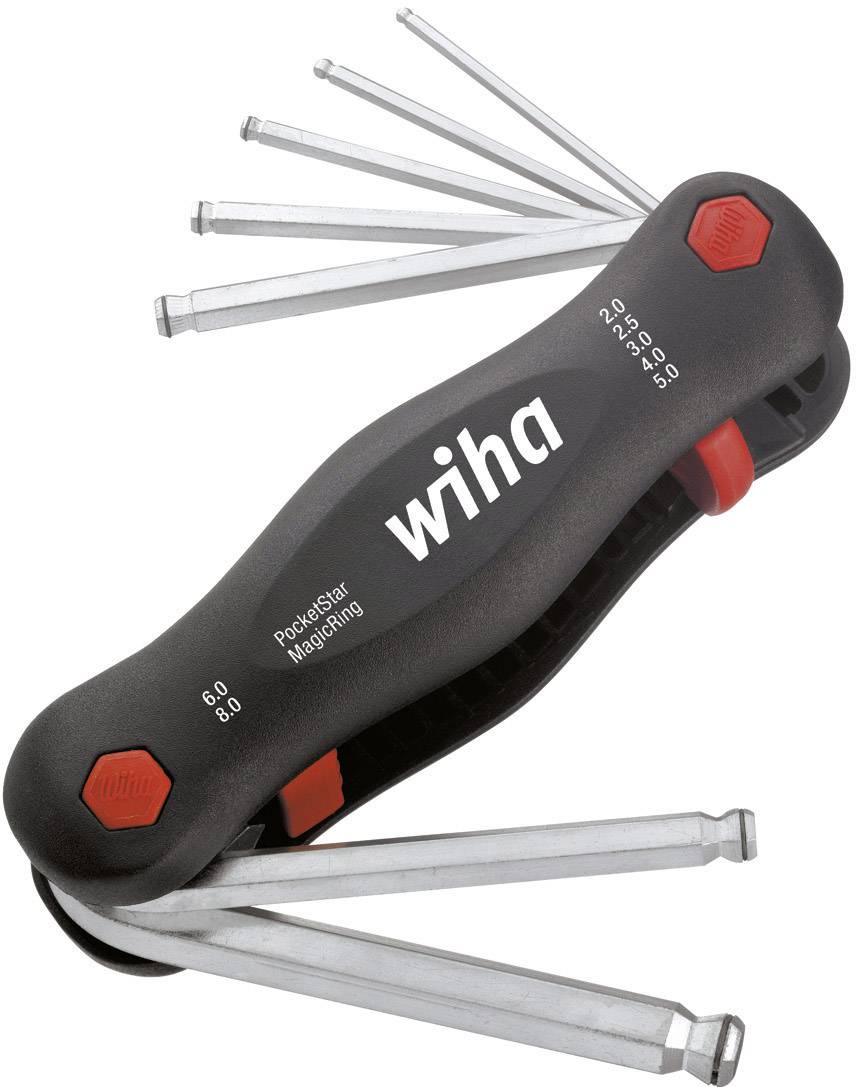 A black folding tool with multiple folding keys of different sizes and a red logo reading 'Wiha PowerStar MagicRing'.