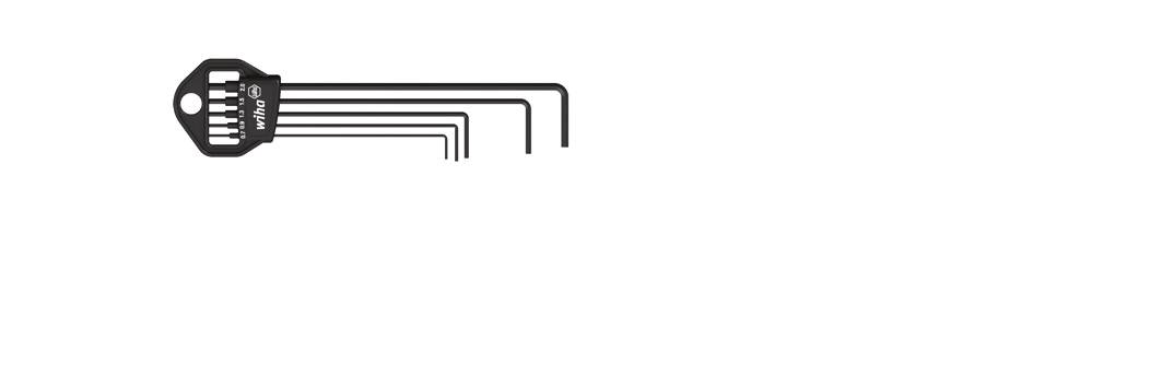 A set of five Allen keys in descending size, connected to a ring-shaped holder.