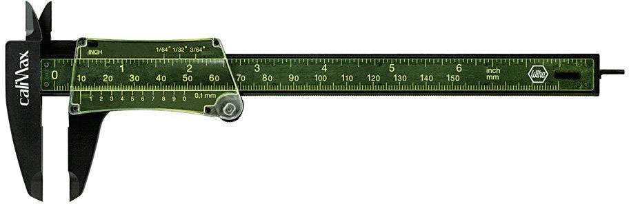 A green vernier calliper with a scale in inches and millimetres for measuring lengths and diameters. Brand name 'calMax' on the handle.