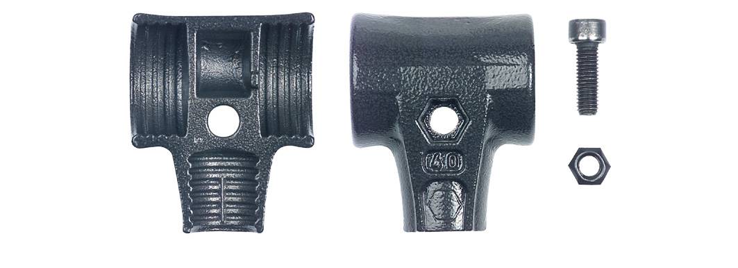 Two metal connecting pieces and a screw with nut, which serve to secure pipes. Different shapes but identical size.