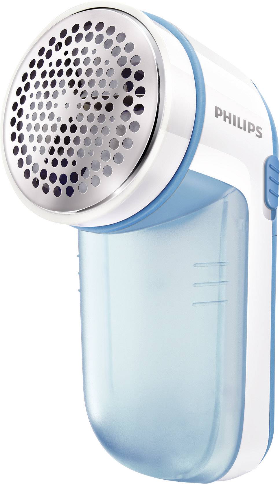 An electric lint remover in blue and white with a transparent collection container, designed for removing lint from clothing.