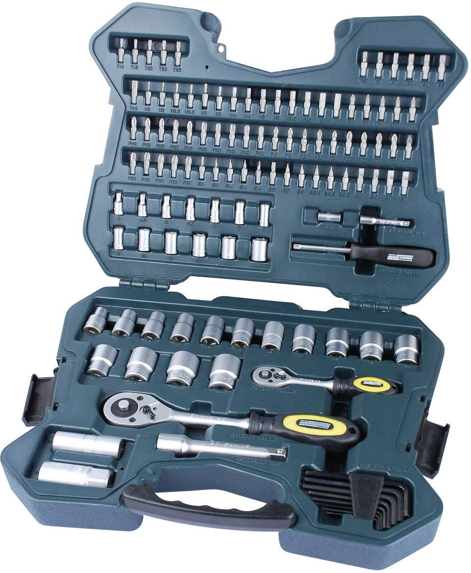 An open toolbox with various sockets, ratchets, and screwdrivers arranged in neat rows.