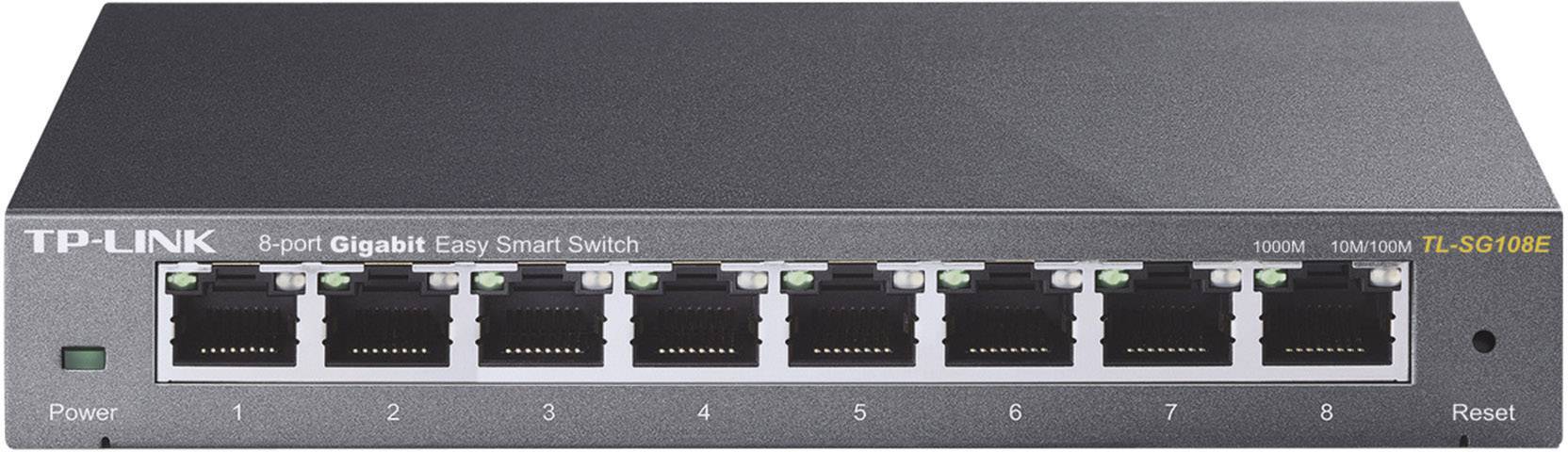 TP-Link 8-Port Gigabit Ethernet Switch, Model TL-SG108E, shown front-facing in a black enclosure.