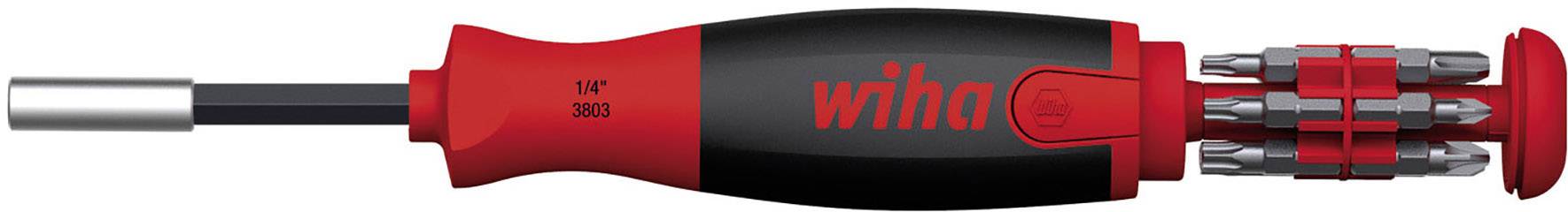 A multi-bit screwdriver with interchangeable bits in a red and black handle, brand 'Wiha'.