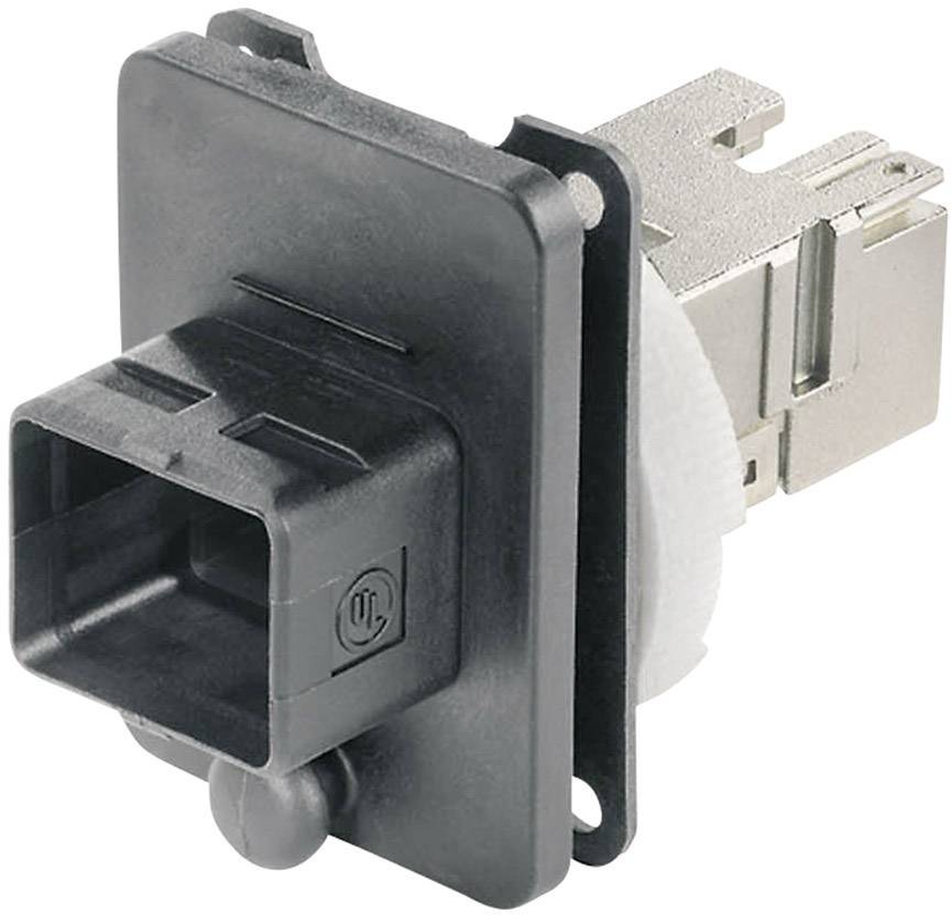 RJ45 network connector in black and metal, suitable for network cabling. Shows front and rear view with connection details.