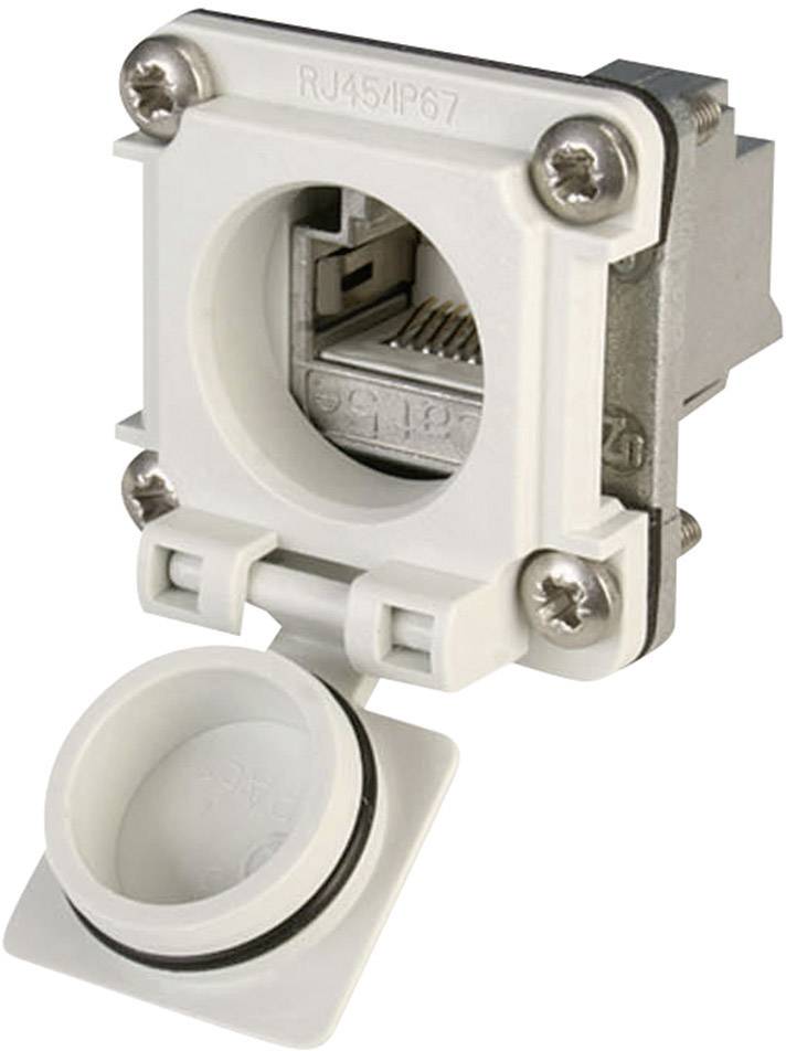 A RJ45/IP67 connector with an open flap cover, suitable for industrial applications, provides protection against dust and water.