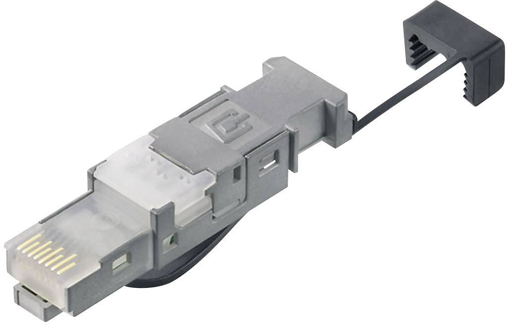 A grey RJ45 plug with a removable protective cap, typical for network cable connections in computer networks.