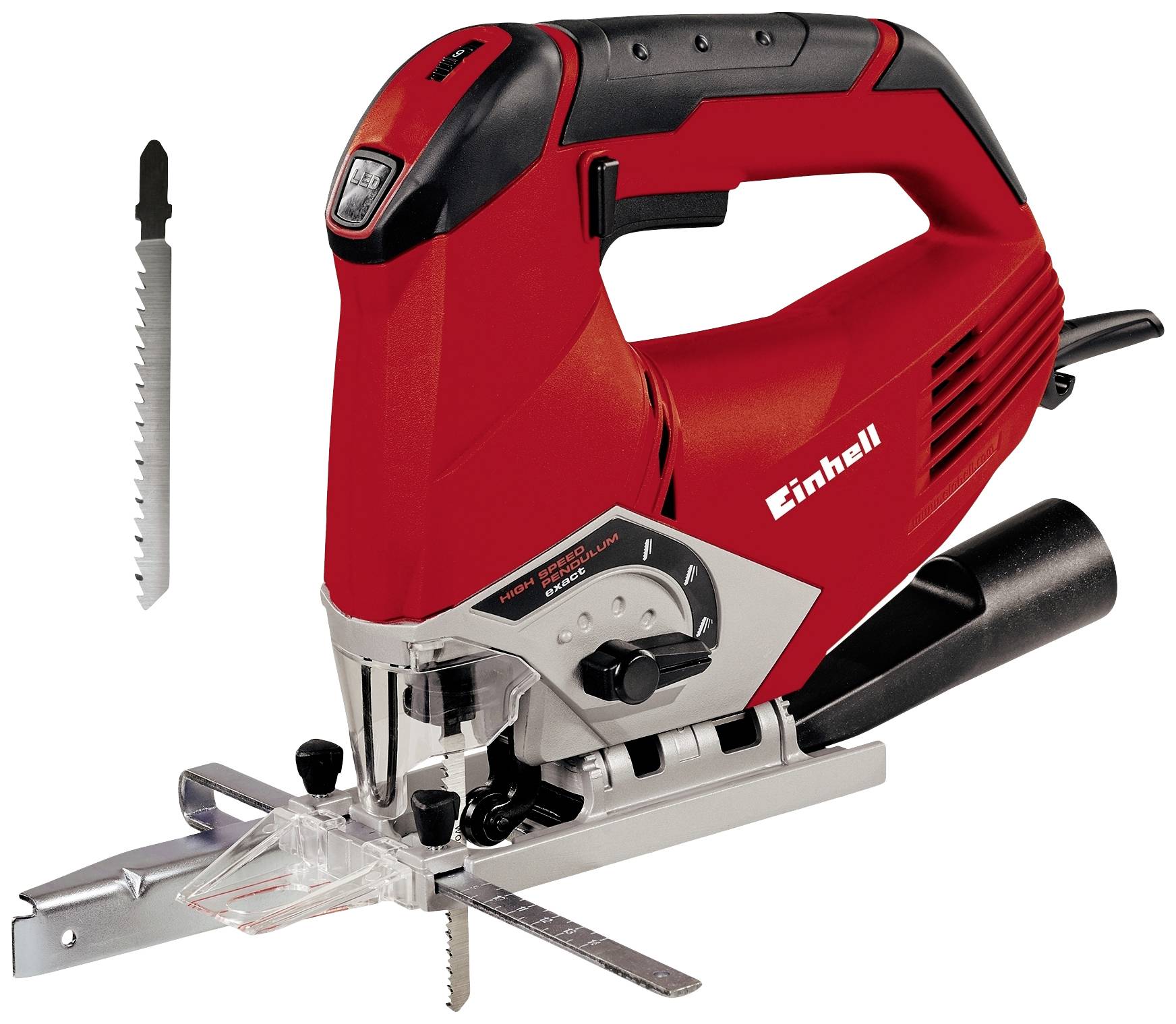 Red jigsaw with ergonomic handle and saw blade. Tool for precise cutting in wood or metal.
