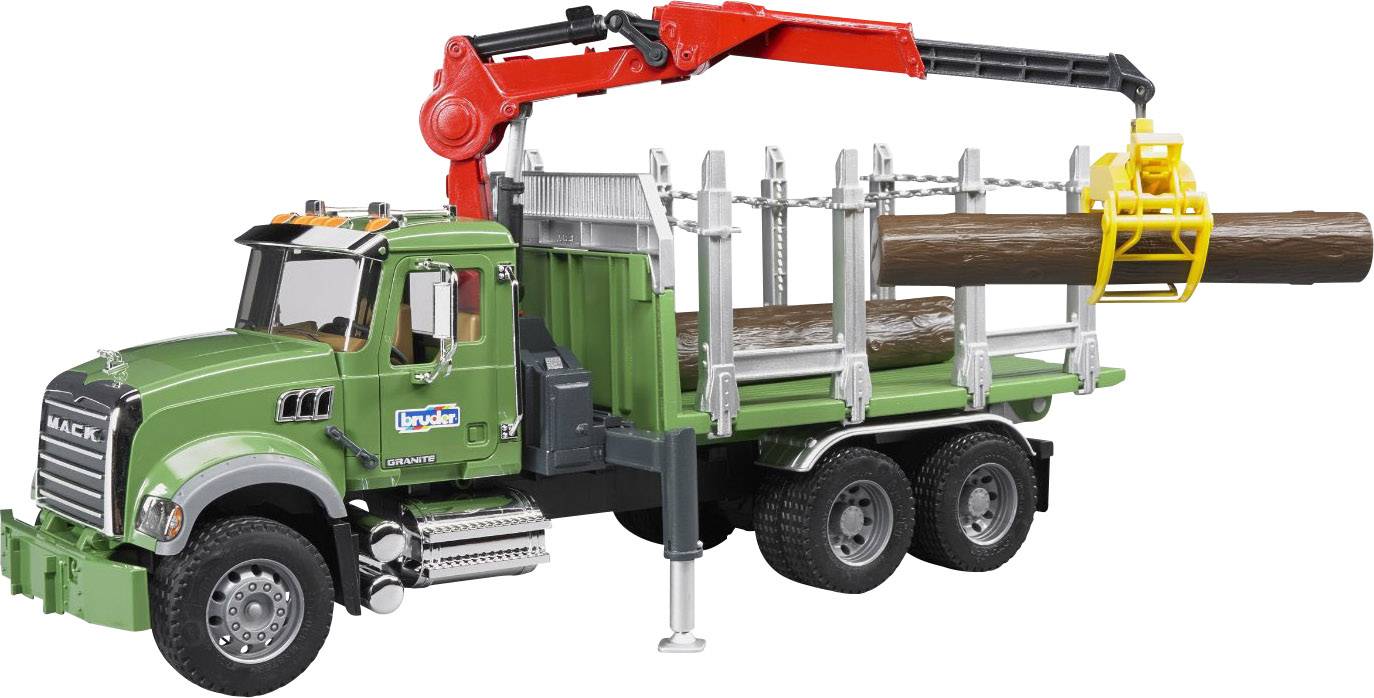 Ein grüner Spielzeug-Lastwagen mit einem roten Kran, der Holzstämme auf der Ladefläche trägt.