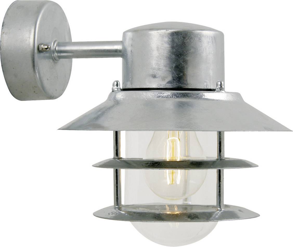 Silver exterior wall light with a clear glass dome and visible light bulb, mounted on a short bracket.
