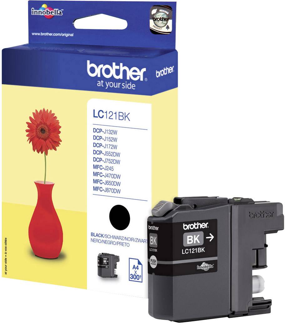 Brother Ink Cartridge LC121BK in Black, pictured with packaging. Compatible with various Brother printer models. 300-page capacity.