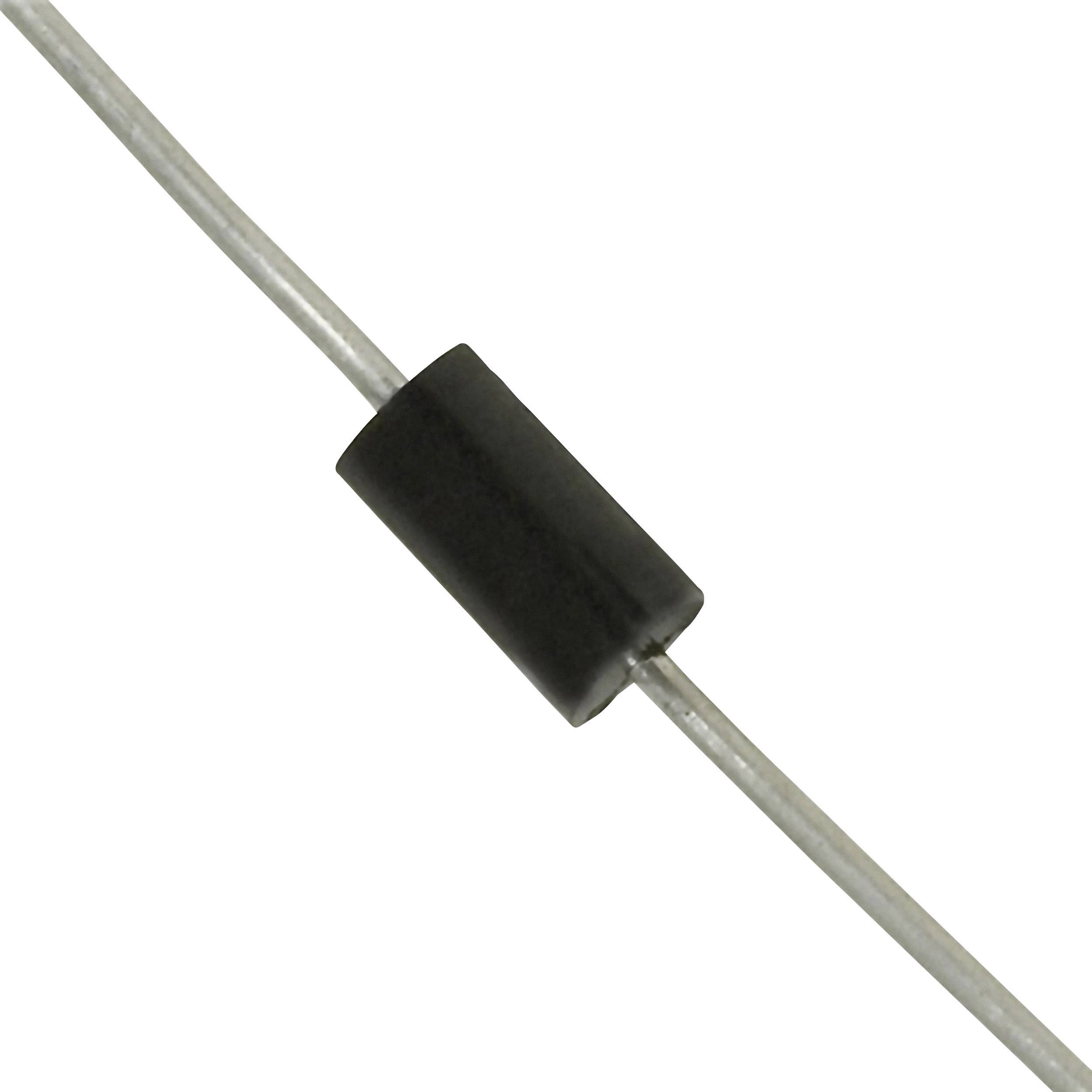 A cylindrical, black diode with two terminals that conducts electricity in one direction, set against a white background.