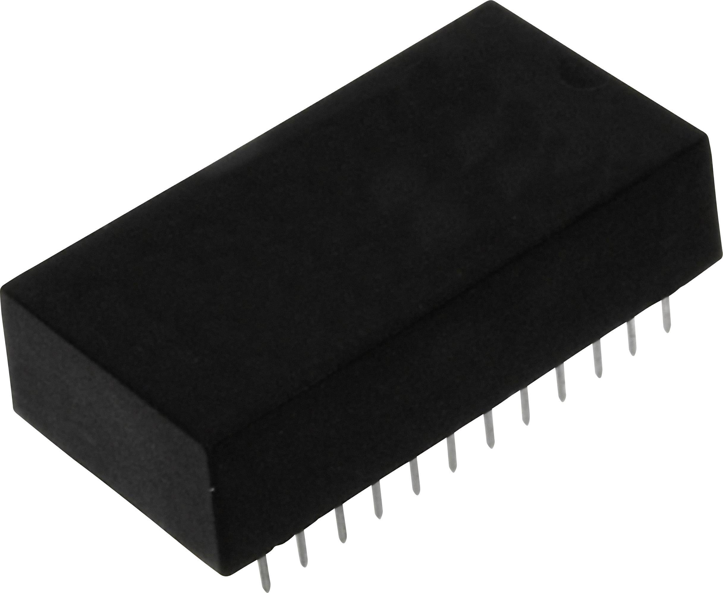 A black electronic chip with multiple connections on one side, commonly used in electronic devices for data processing.