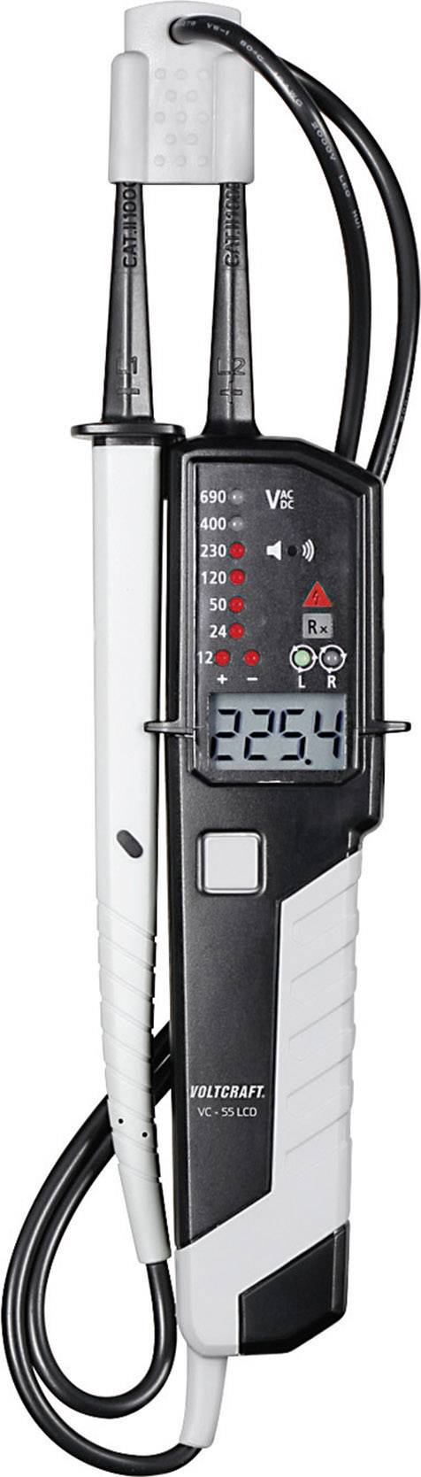 A digital voltage metre shows the reading '325.4'. It has two measuring probes, red and green LED indicators, and is black and white.