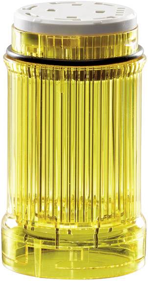 A transparent, yellow spice shaker with a white, perforated lid.