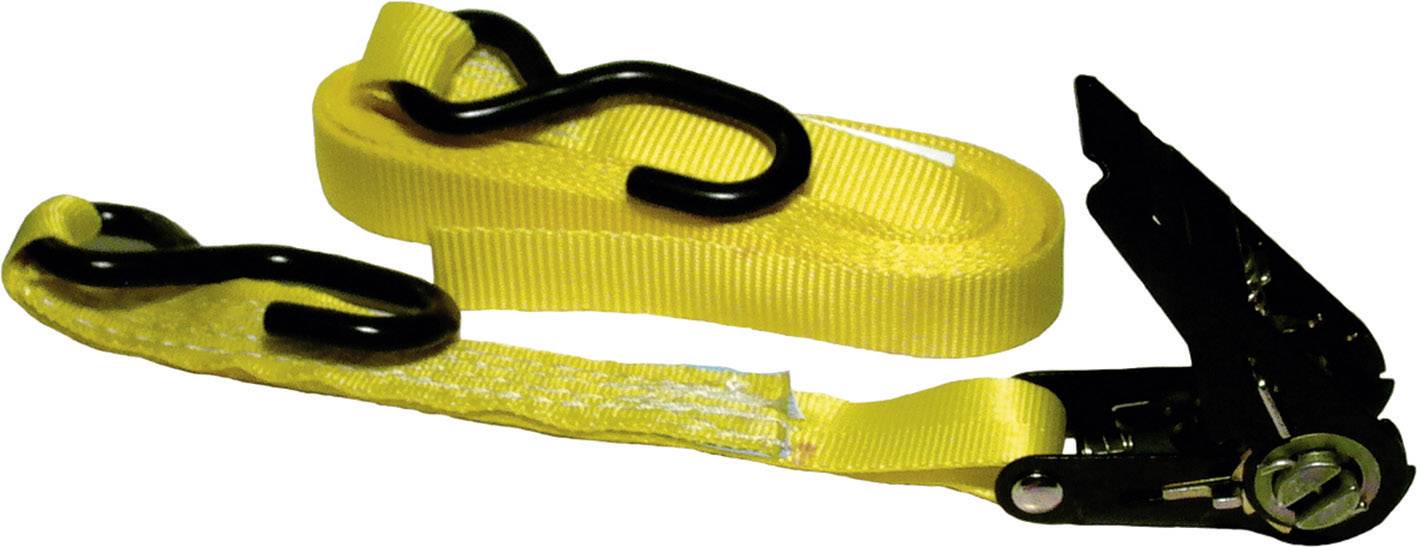 Yellow tension strap with black hook and ratchet, usable for securing cargo.