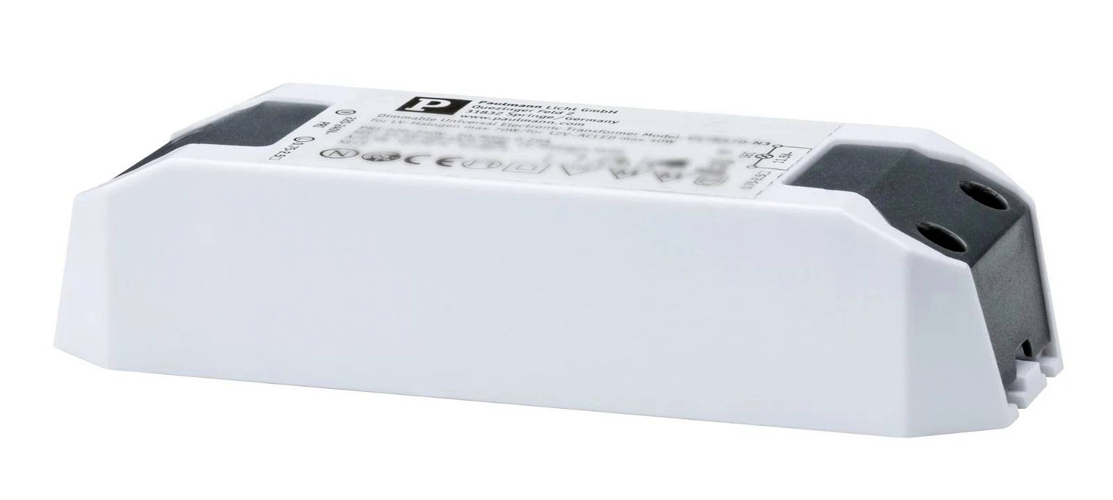 Power supply for LED luminaires, rectangular, white housing, with technical specifications printed, for power provision.