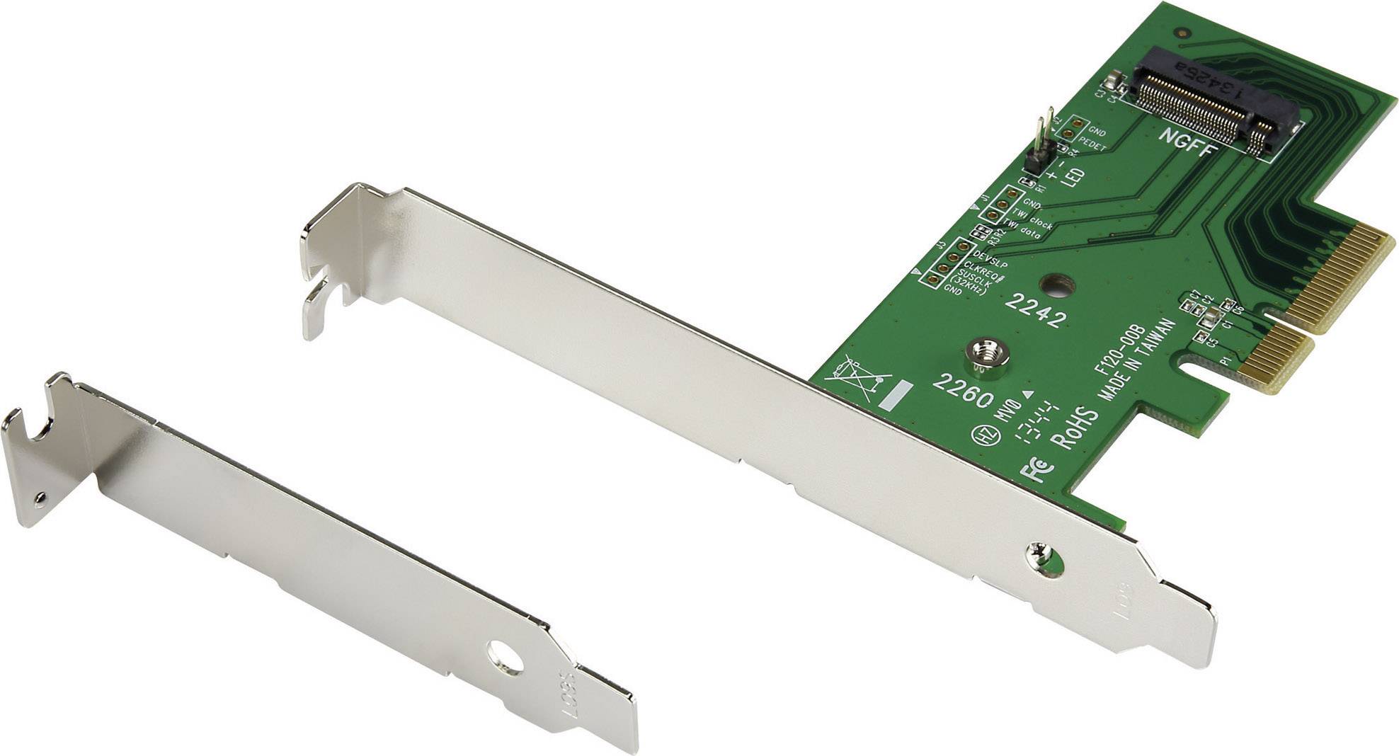 Green PCIe adapter card with two metal brackets, suitable for M.2 NVMe SSDs, showing connector pins and PCB labelling.