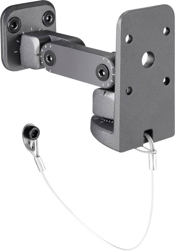 Wall mount with safety cable, suitable for securely fastening devices. Adjustable and robust for various applications.
