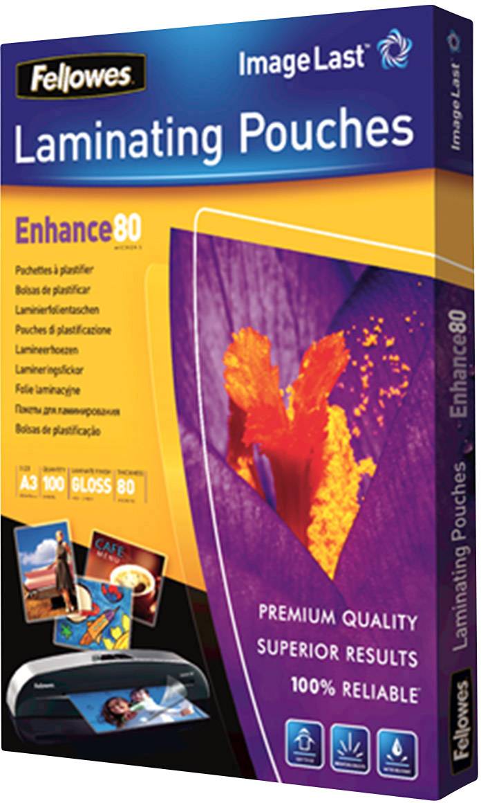 Fellowes Laminating Pouches packaging, Enhance80, for A3 documents. Contains 100 glossy pouches, promises high quality and reliability.