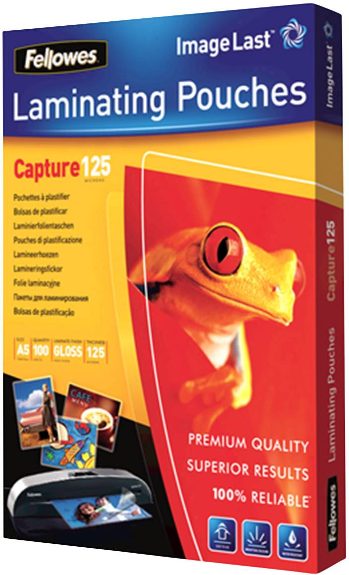 A packaging for Fellowes Laminating Pouches, Model 'Capture125'. Contains 100 A5 glossy pouches, advertised with 'Premium Quality, Superior Results'. A frog image on the front.