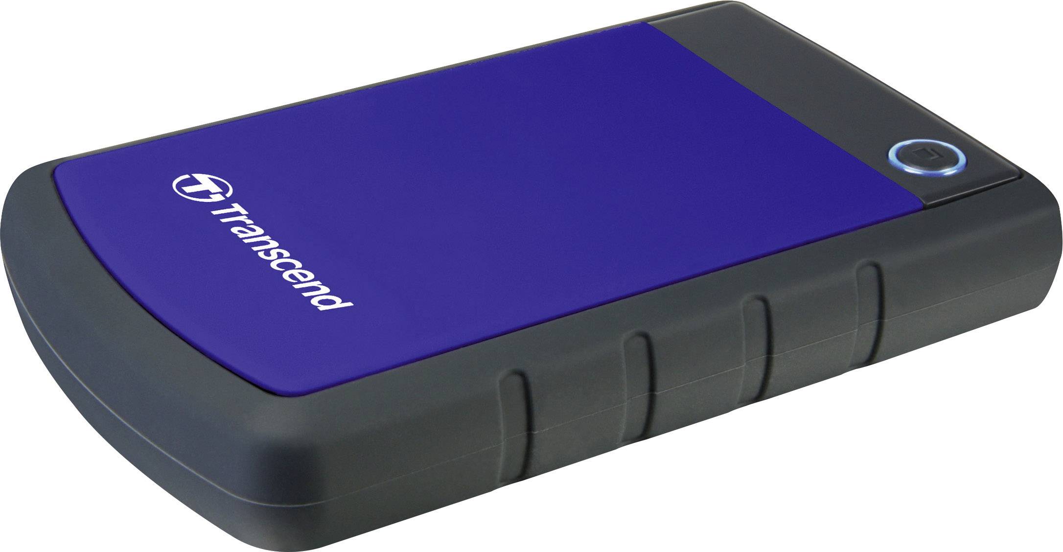 External, portable hard drive in blue and black with Transcend logo, used for data storage and backup.
