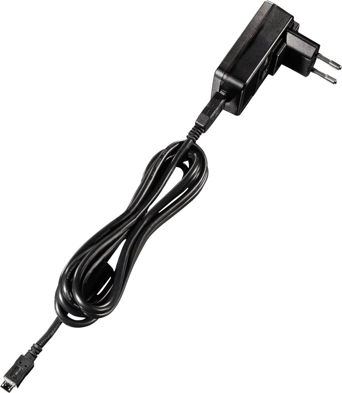 A black charger with a European plug and a long cable that terminates in a micro-USB connector.