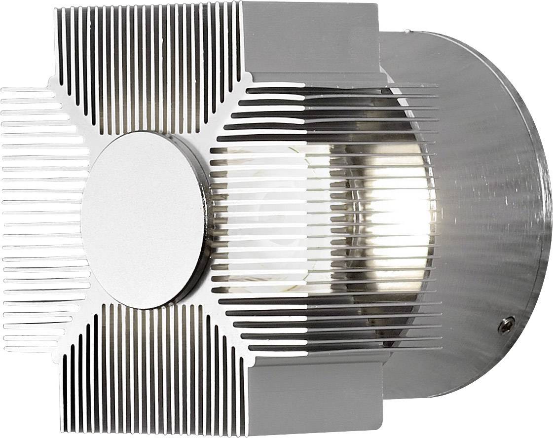 Modern silver wall light with ribbed design and a round central element surrounding a light bulb.