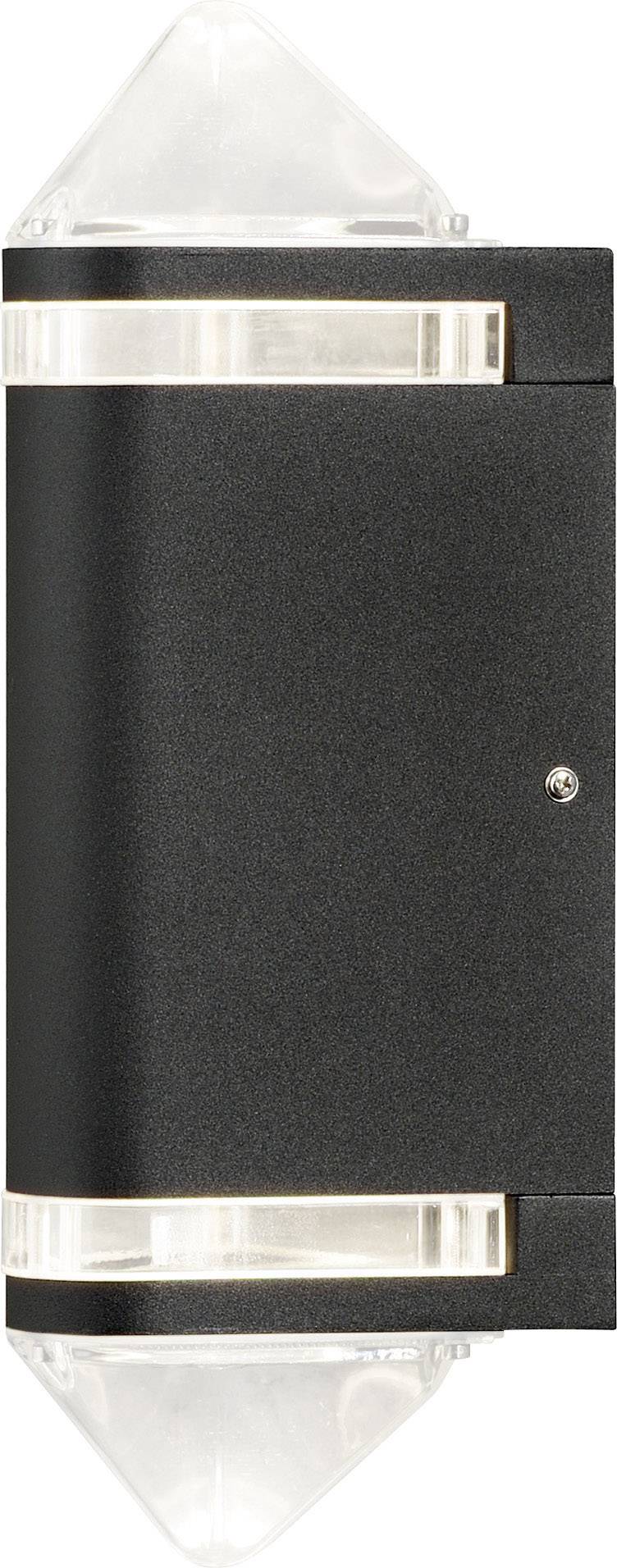 Black exterior wall light with clear acrylic at both ends, suitable for up and down lighting.