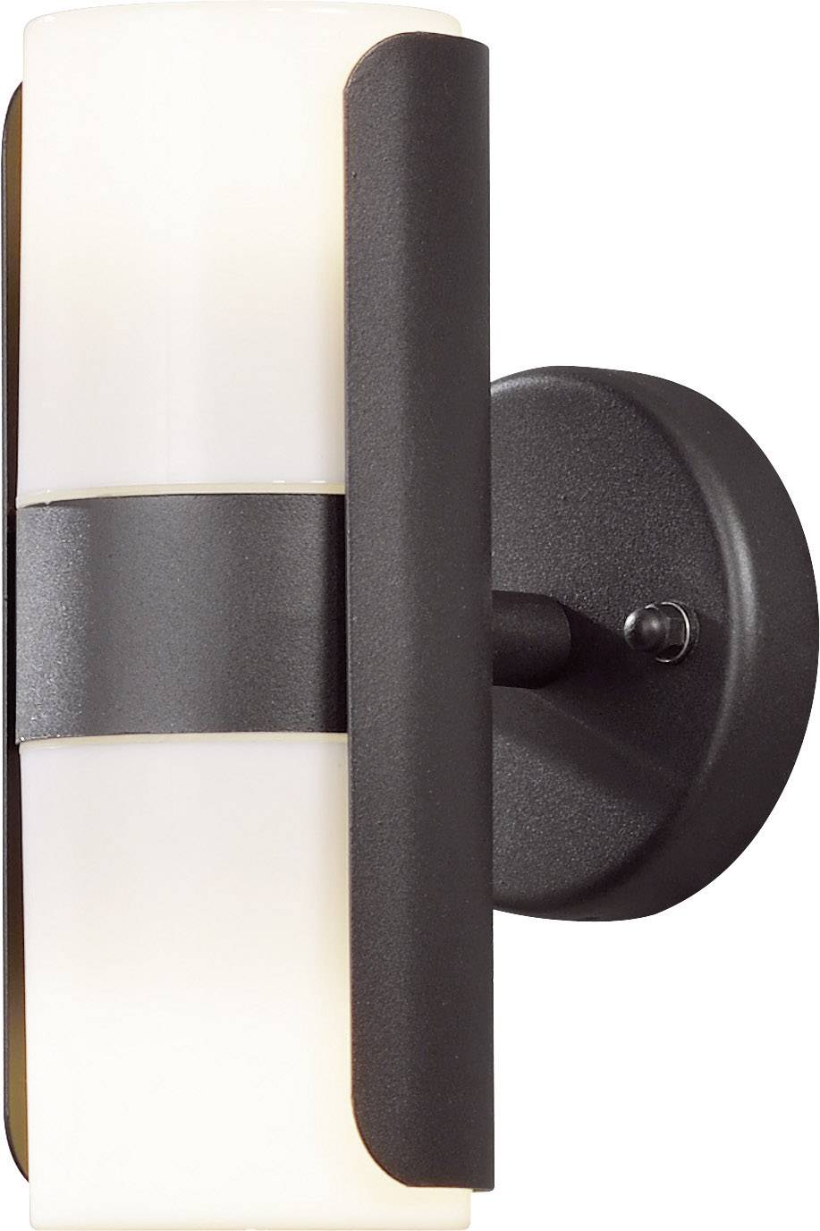 A modern wall light with a cylindrical, white lamp body and a dark, metallic mount.