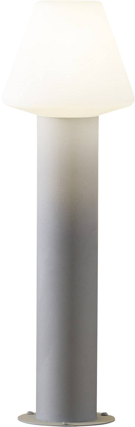 A contemporary, cylindrical outdoor light with a white lampshade on a grey base. Perfect for garden or pathway areas.