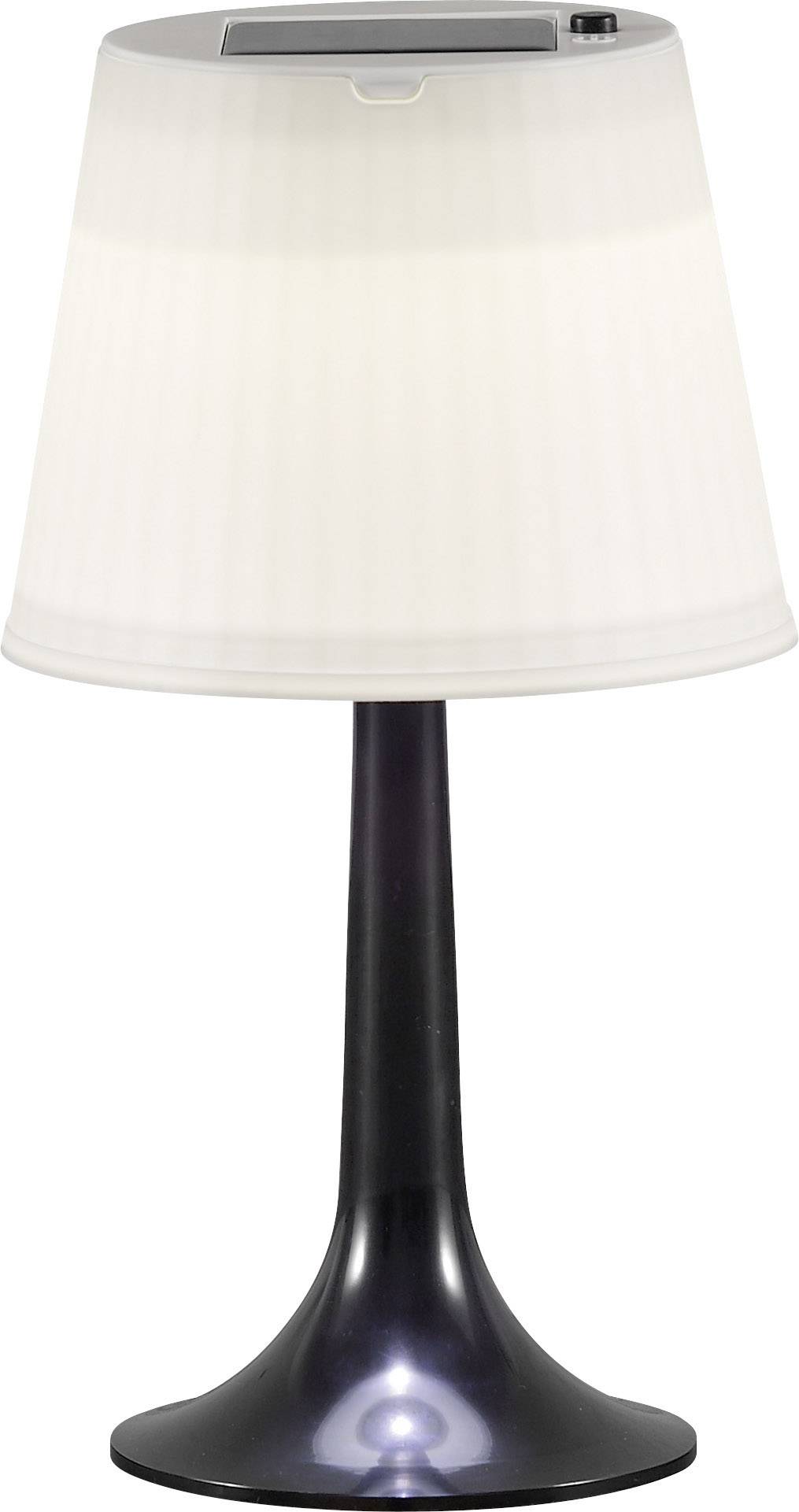A small table lamp with a white, pleated lampshade on a black, glossy base; modern, minimalist aesthetic.