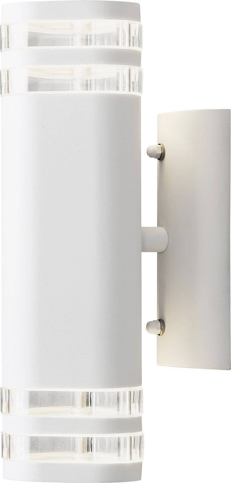 White, cylindrical wall lamp with transparent elements at the ends, mounted on a rectangular bracket.